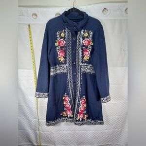 Johnny Was Joy Floral Embroidered Cross Stitched Black Cotton Coat Jacket
